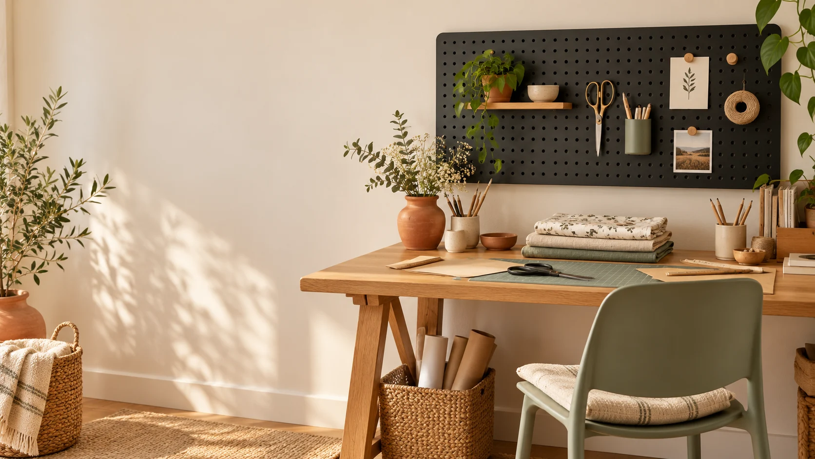 Illustrative a corner to create with a black pegboard above a workspace