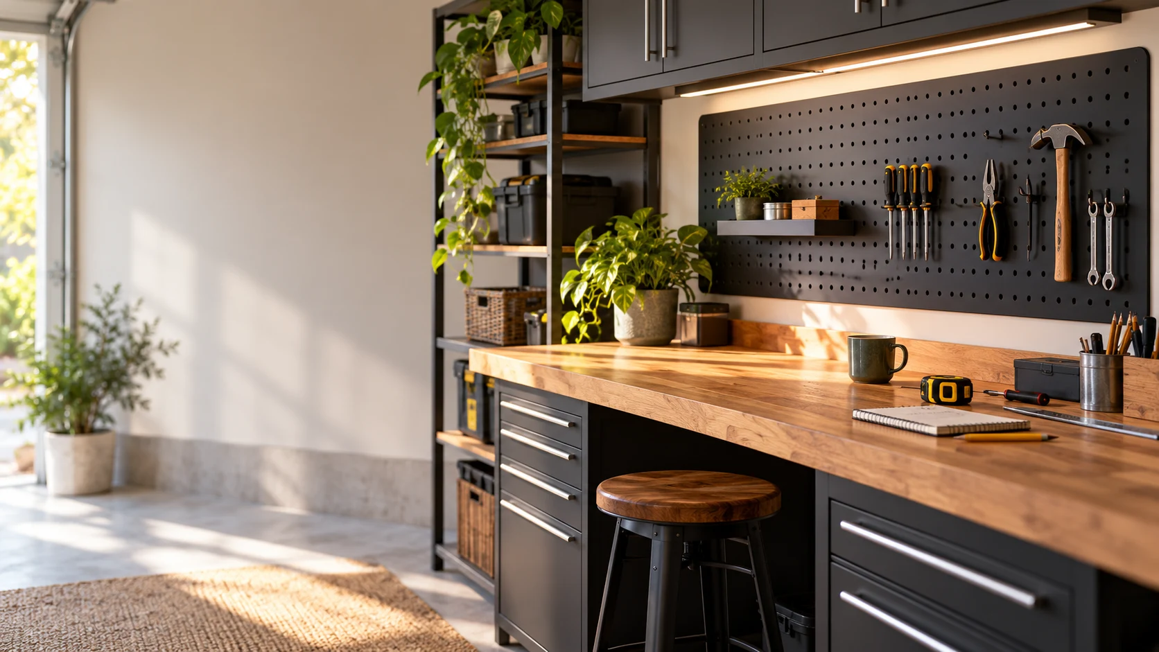 AI-styled warm garage workbench with a black pegboard, wood worktop and greenery