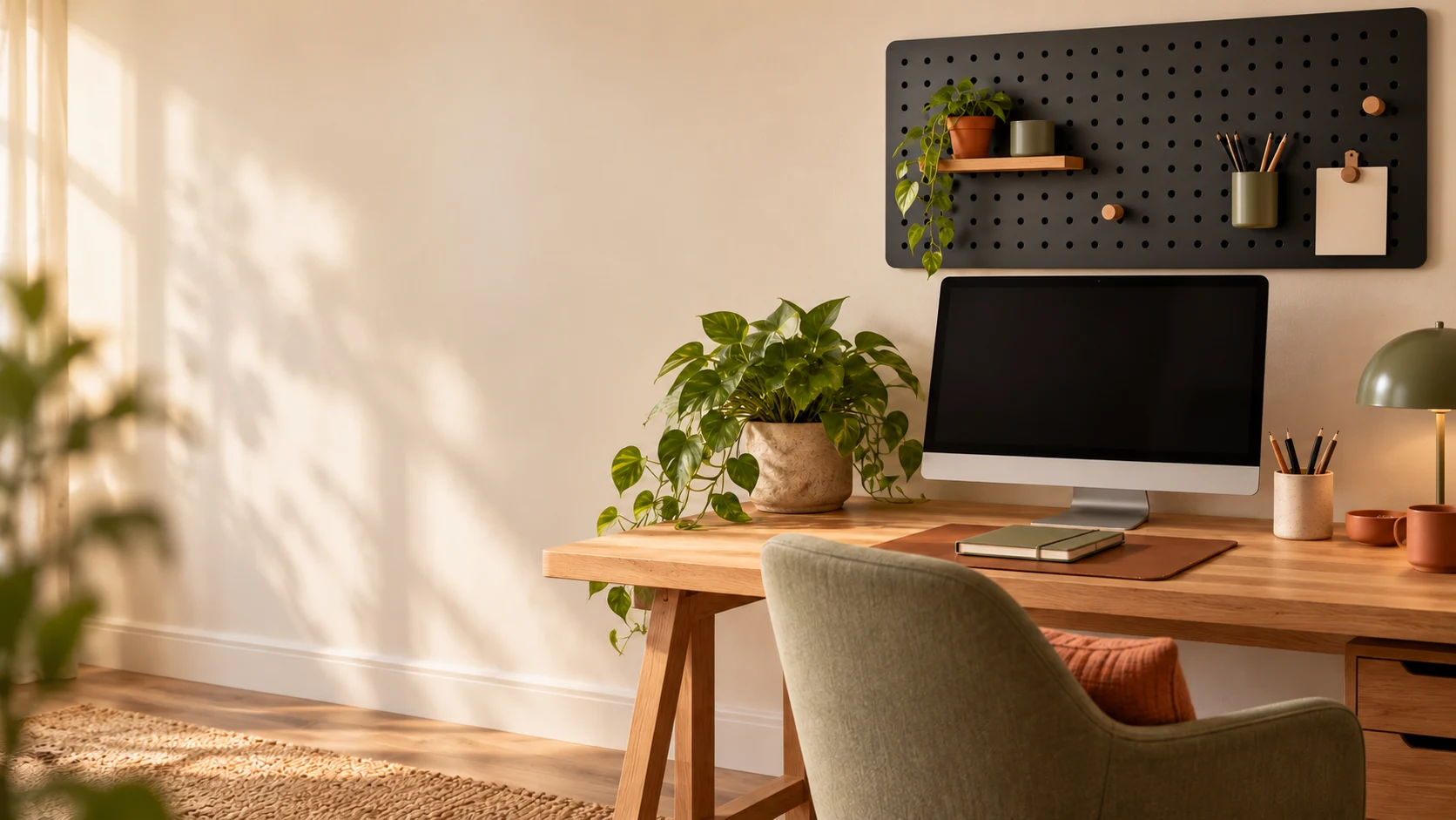 Illustrative room to focus with a black pegboard above a workspace